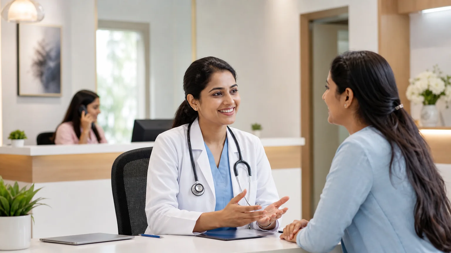 A friendly clinic conversation between a doctor and patient