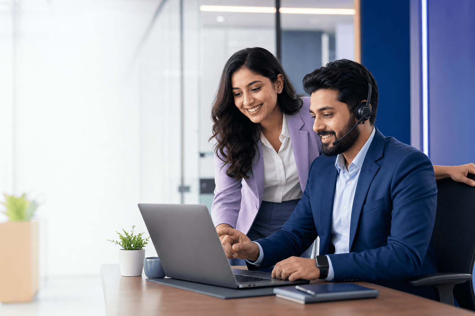Two fictional sales professionals reviewing an outbound follow-up workflow