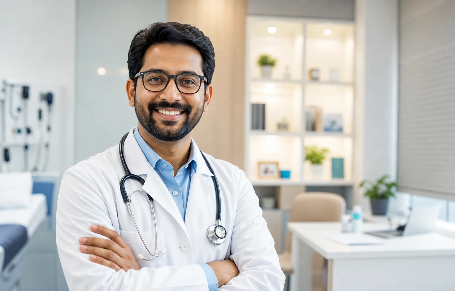 Friendly clinic doctor representing a SimplyVoxa inbound call workflow